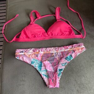 Maje Hot Pink Bikini Set with Tropical Print Bottom